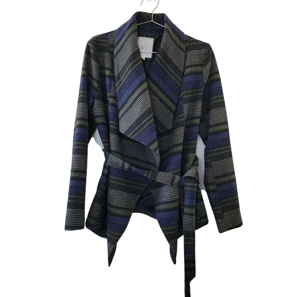 Jack BB Dakota Striped Wrap Jacket Coat Womens Size M Black Green Blue Waist Tie